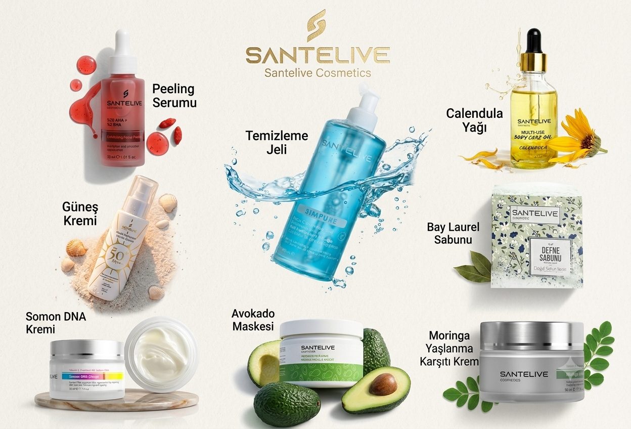 Santelive ürün ailesi: peeling serumu, temizleme jeli, calendula yağı, güneş kremi ve kremler